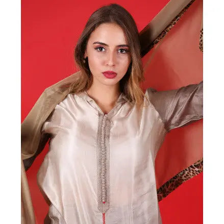 Biyadina Beige Djellaba with beige and red sfifa Biyadina Store