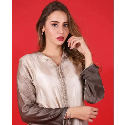 Biyadina Beige Djellaba with beige and red sfifa Biyadina Store