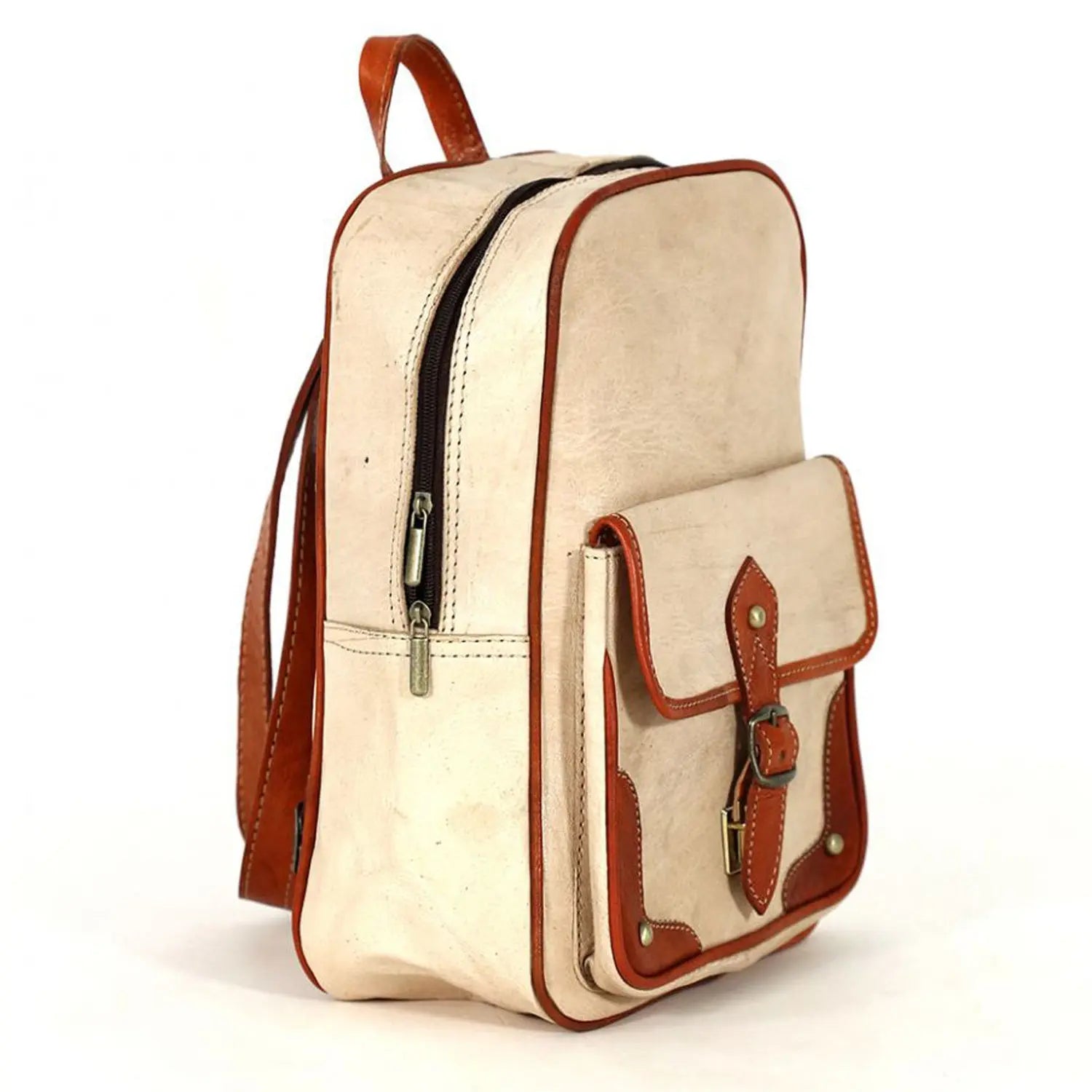 Biyadina Biyadina Premium White/Red Handmade Leather Backpack - Vintage Style with Timeless Elegance BiyadinaStore