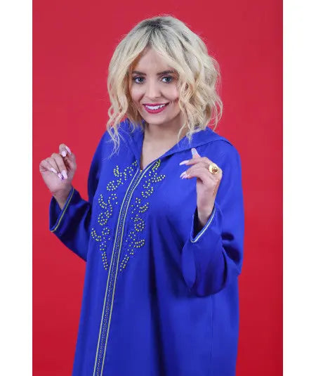 Biyadina Blue Djellaba with yellow pearls Biyadina Store