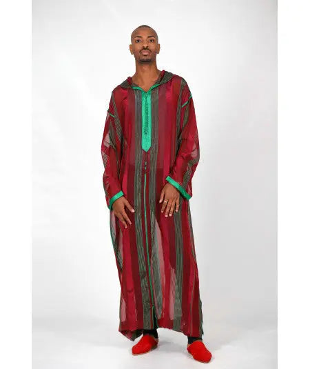 Biyadina Djellaba long red and green stripes Biyadina Store