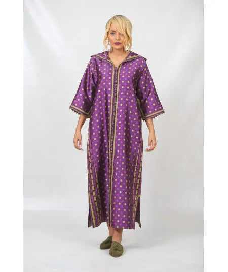 Biyadina Djellaba printed with purple and green sfifa Biyadina Store