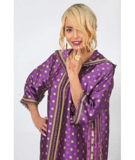 Biyadina Djellaba printed with purple and green sfifa Biyadina Store