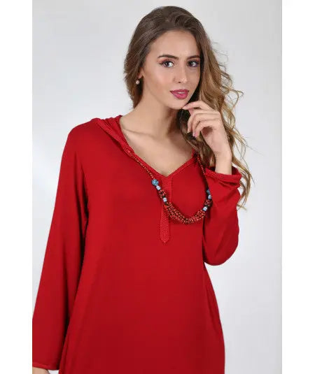 Biyadina Djellaba red with pearl necklace Biyadina Store