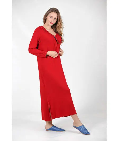 Biyadina Djellaba red with pearl necklace Biyadina Store