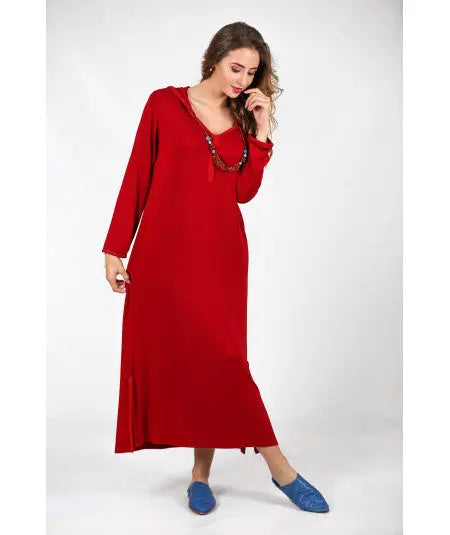 Biyadina Djellaba red with pearl necklace Biyadina Store
