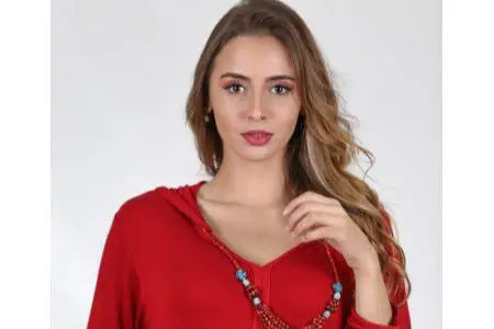Biyadina Djellaba red with pearl necklace Biyadina Store