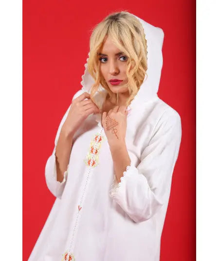 Biyadina Djellaba white with randa in multicolored Biyadina Store