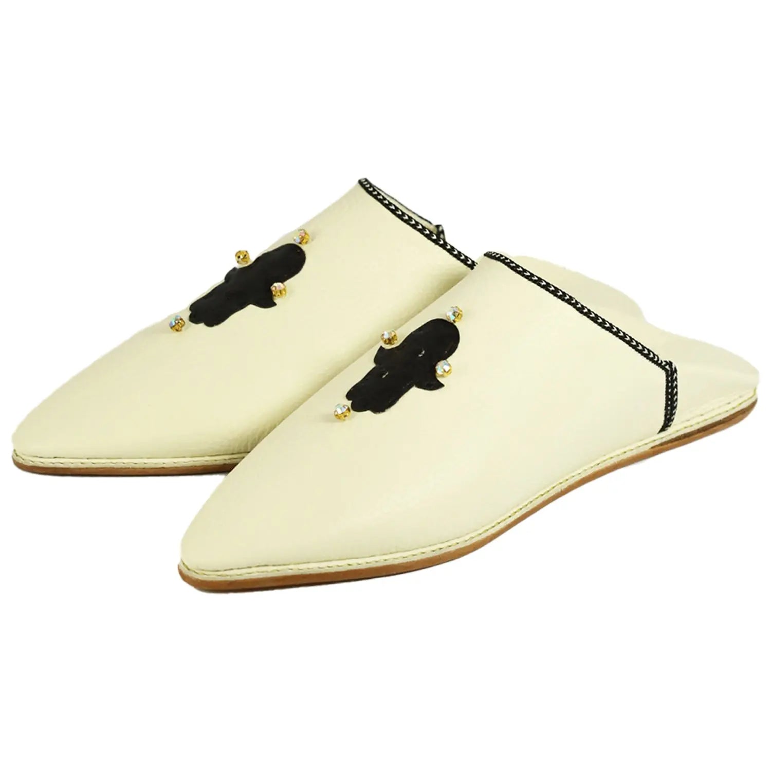 Biyadina Men's White Morocco Slippers with Black Moroccan Babouches Leather Slippers Biyadina Store