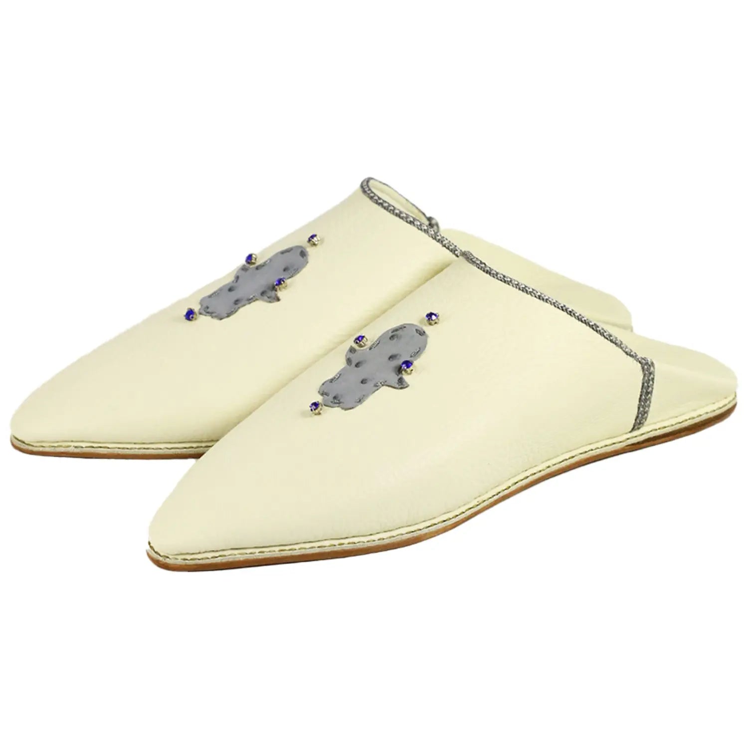Biyadina Men's White Morocco Slippers with Grey Moroccan Babouches Leather Slippers Biyadina Store
