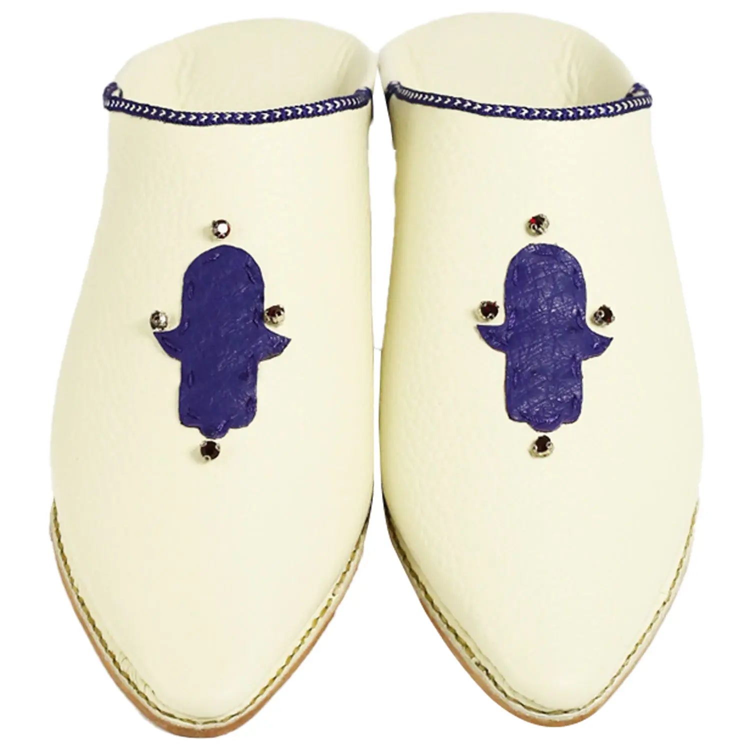 Biyadina Men's White Morocco Slippers with Navy Moroccan Babouches Leather Slippers Biyadina Store
