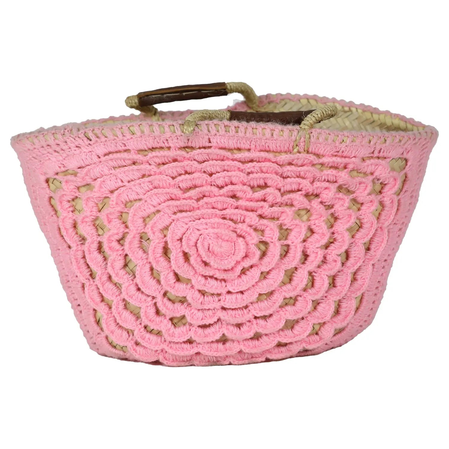 Biyadina Moroccan Basket Wool Bag Pink Embroidered BiyadinaStore