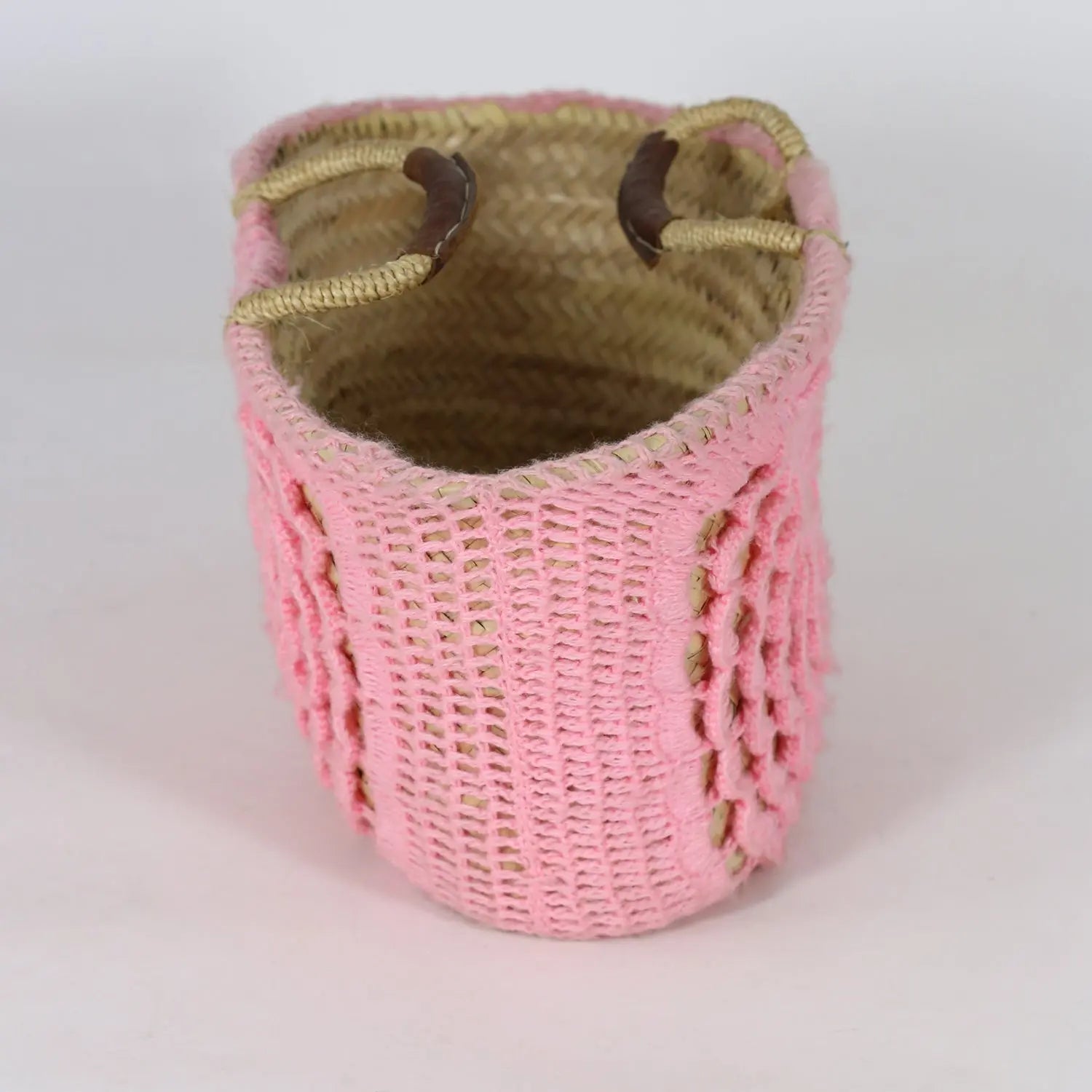 Biyadina Moroccan Basket Wool Bag Pink Embroidered BiyadinaStore