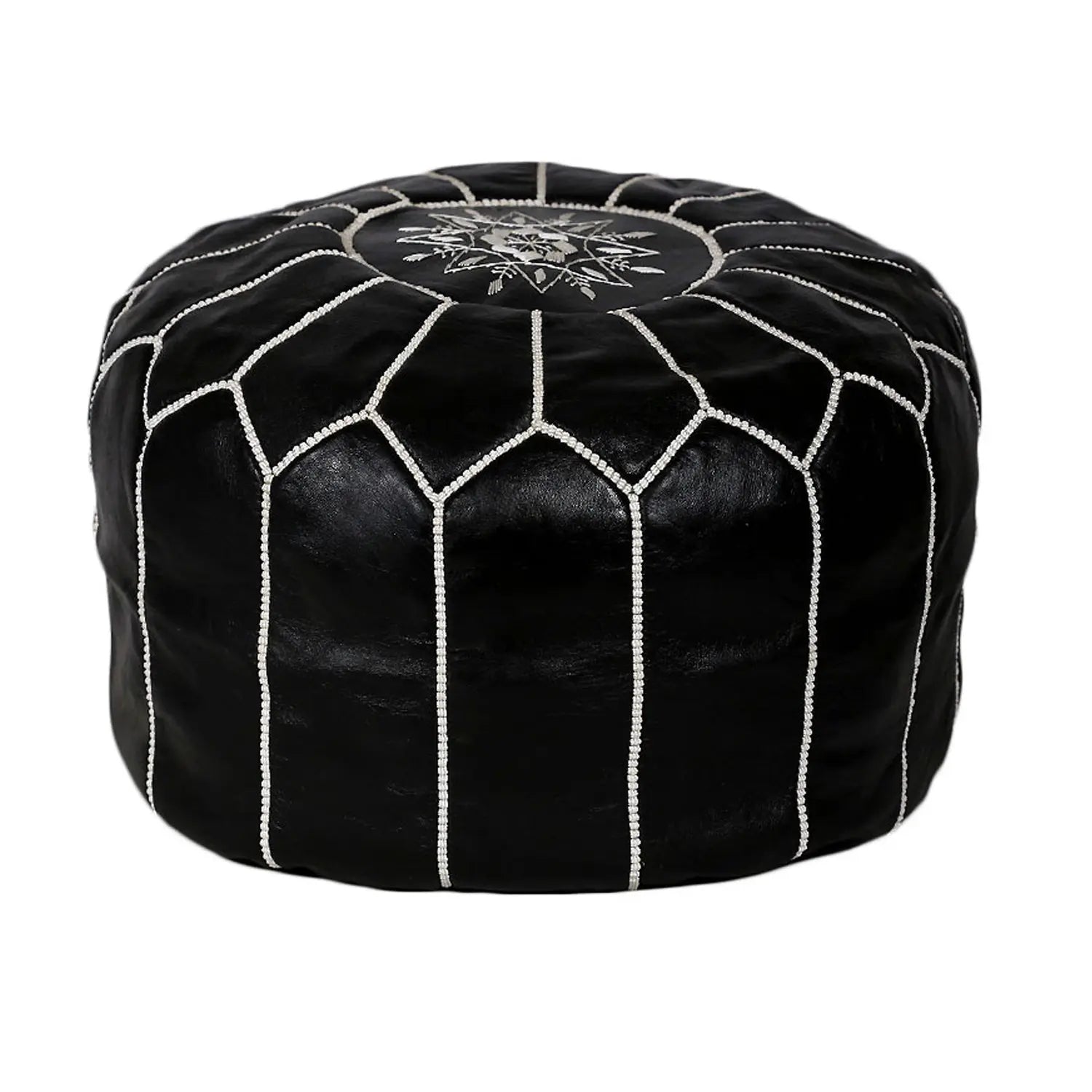 Biyadina Multicolor Moroccan Genuine Leather Round Pouf Ottoman Black Moroccan pouf ottoman Biyadina Store