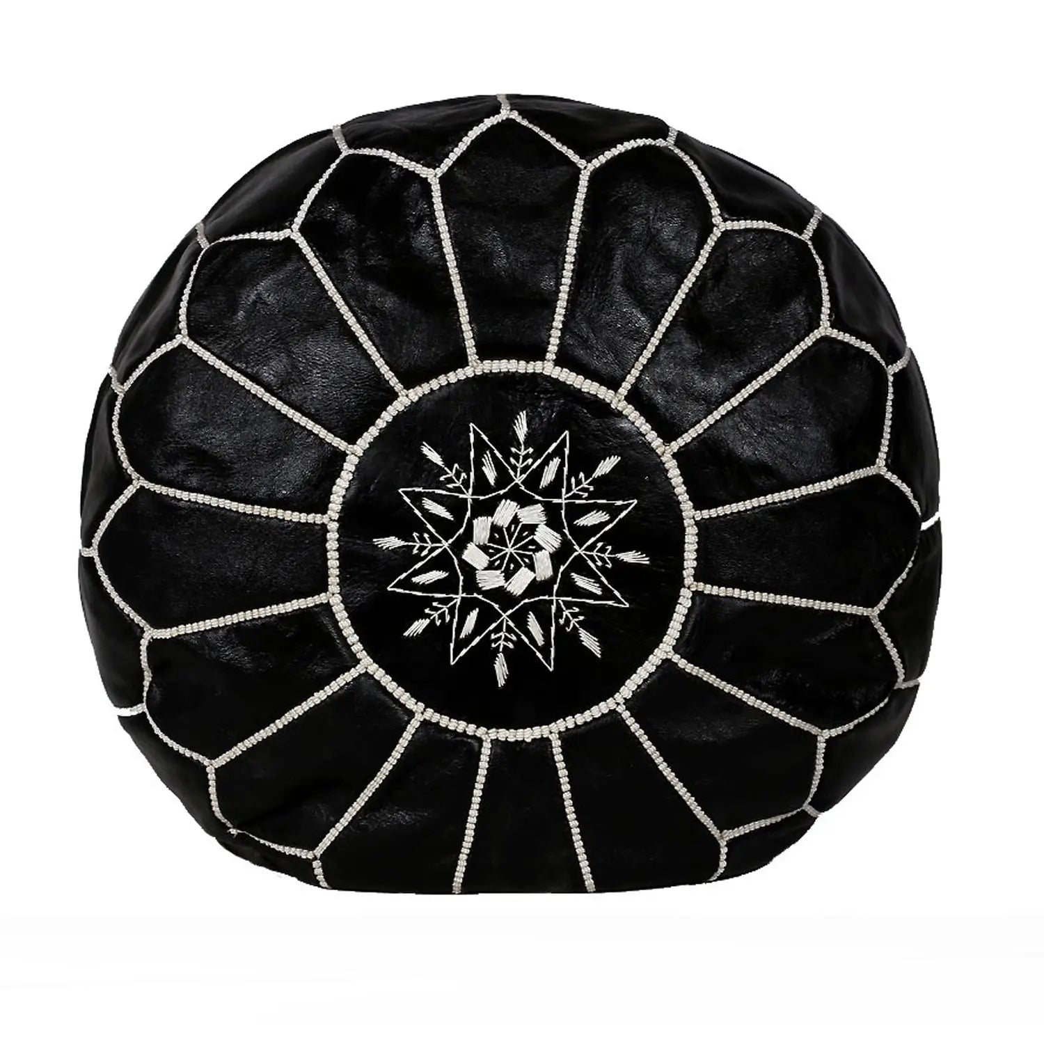 Biyadina Multicolor Moroccan Genuine Leather Round Pouf Ottoman Black Moroccan pouf ottoman Biyadina Store