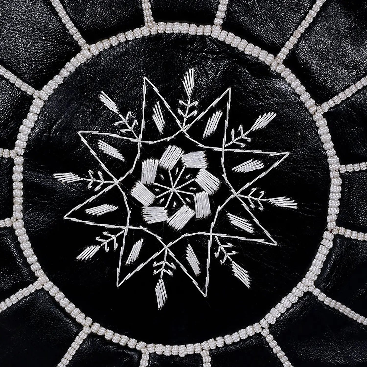 Biyadina Multicolor Moroccan Genuine Leather Round Pouf Ottoman Black Moroccan pouf ottoman Biyadina Store