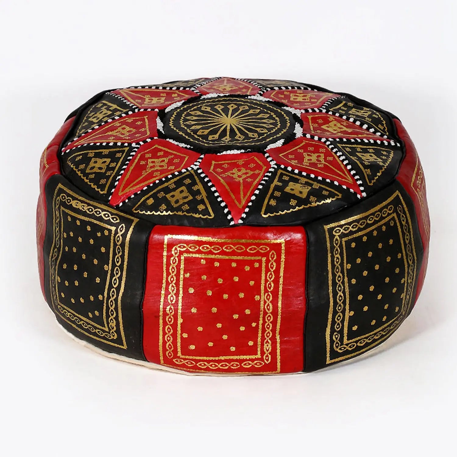 Biyadina Multicolor Moroccan Genuine Leather Round Pouf Ottoman Black/Red Moroccan pouf ottoman Biyadina Store
