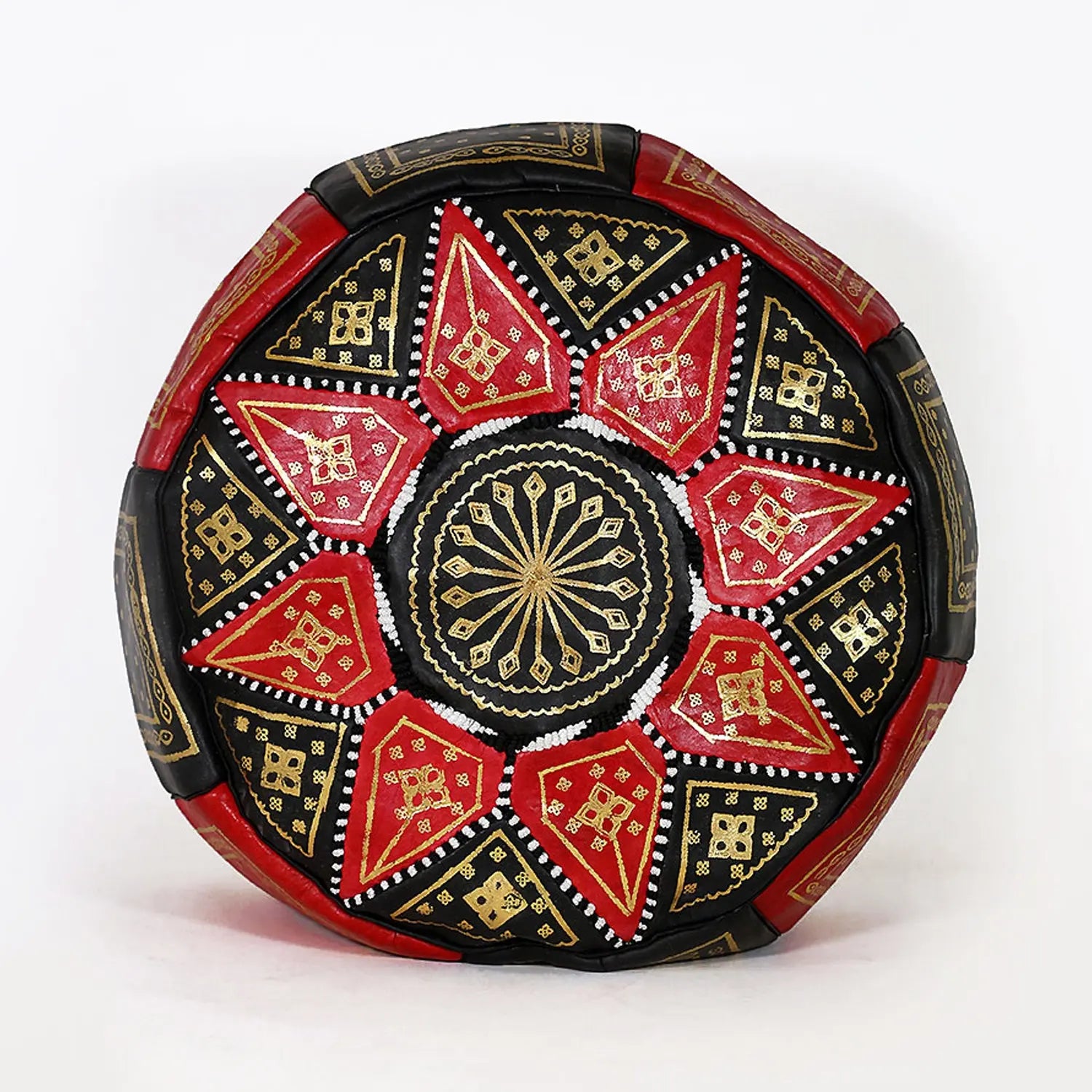 Biyadina Multicolor Moroccan Genuine Leather Round Pouf Ottoman Black/Red Moroccan pouf ottoman Biyadina Store