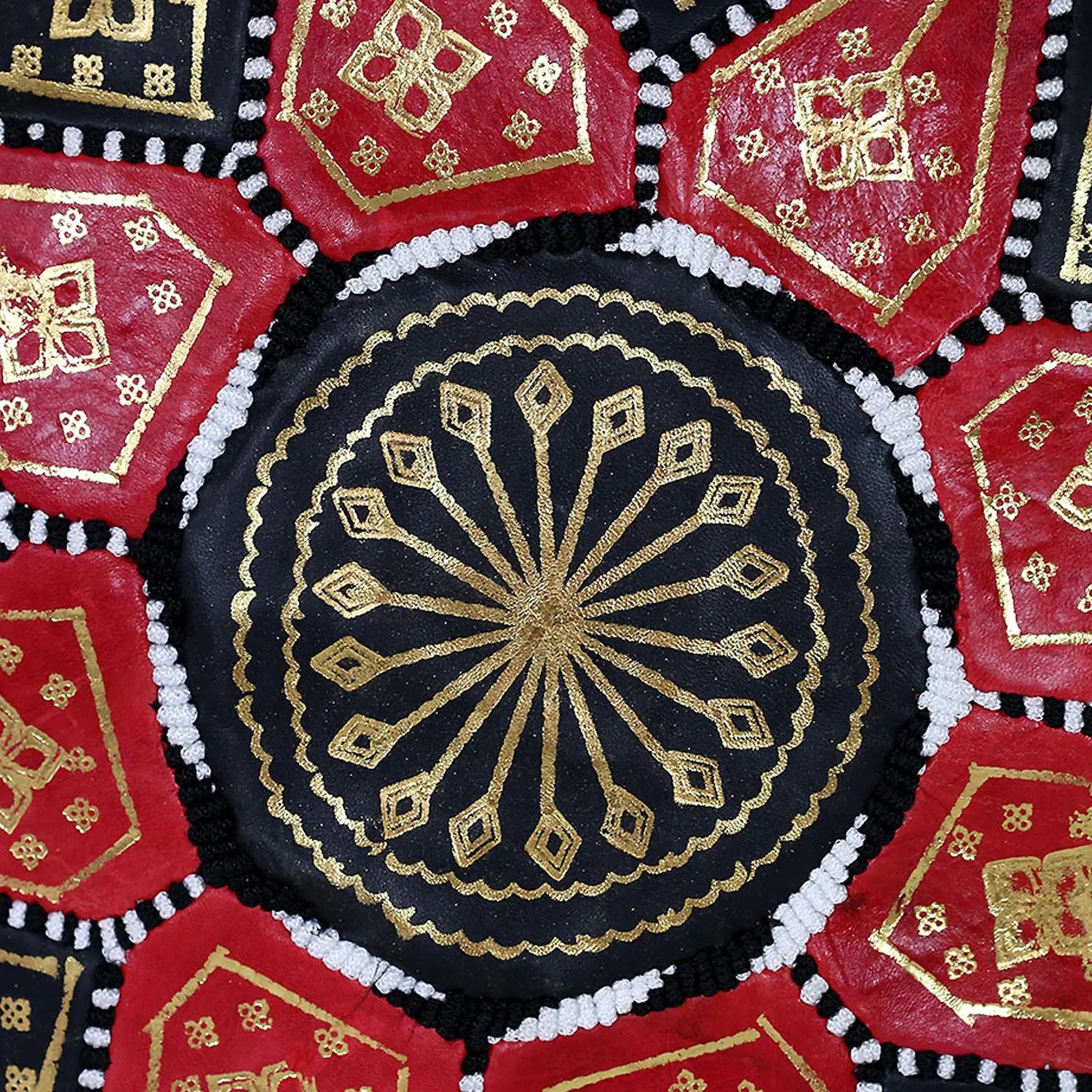 Biyadina Multicolor Moroccan Genuine Leather Round Pouf Ottoman Black/Red Moroccan pouf ottoman Biyadina Store