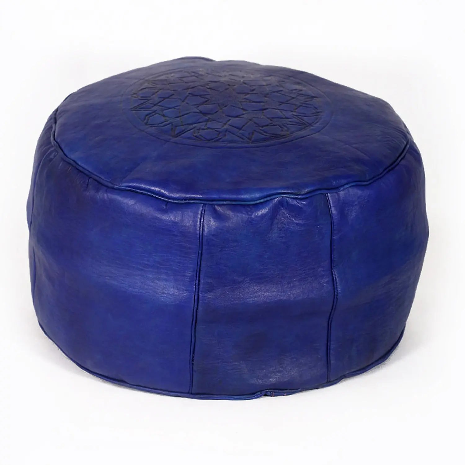 Biyadina Multicolor Moroccan Genuine Leather Round Pouf Ottoman Blue Moroccan pouf ottoman Biyadina Store