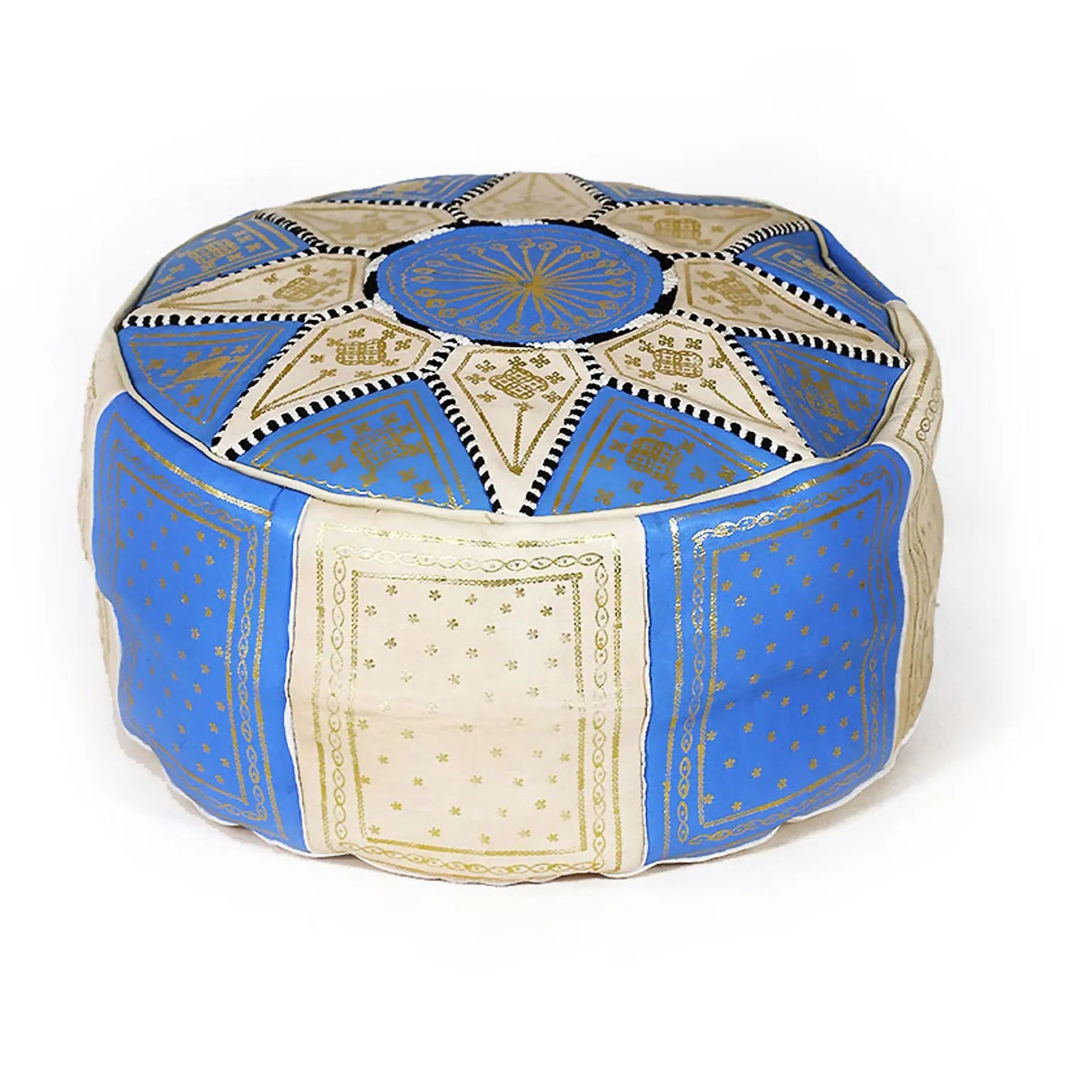 Biyadina Multicolor Moroccan Genuine Leather Round Pouf Ottoman Blue/White Moroccan pouf ottoman Biyadina Store