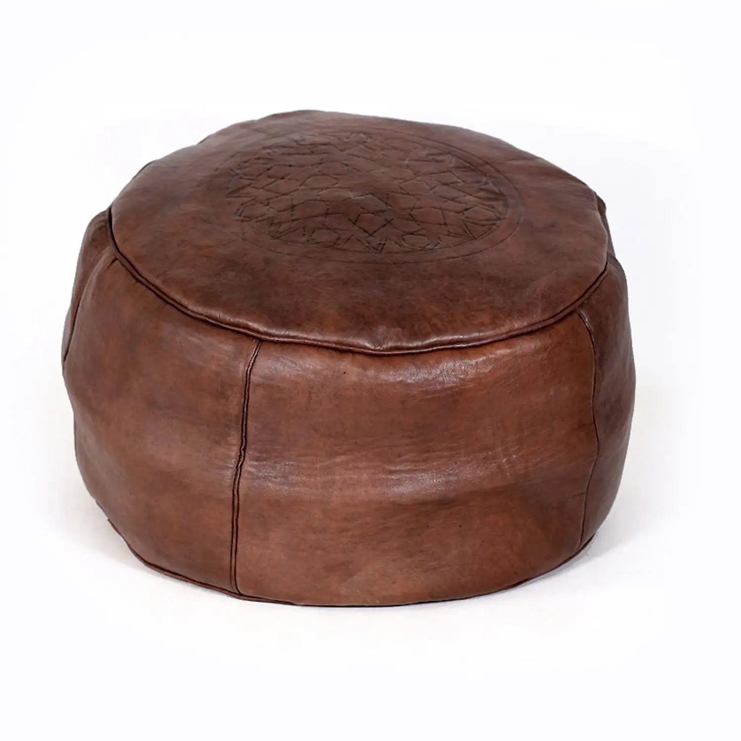 Biyadina Multicolor Moroccan Genuine Leather Round Pouf Ottoman Brown Moroccan pouf ottoman Biyadina Store
