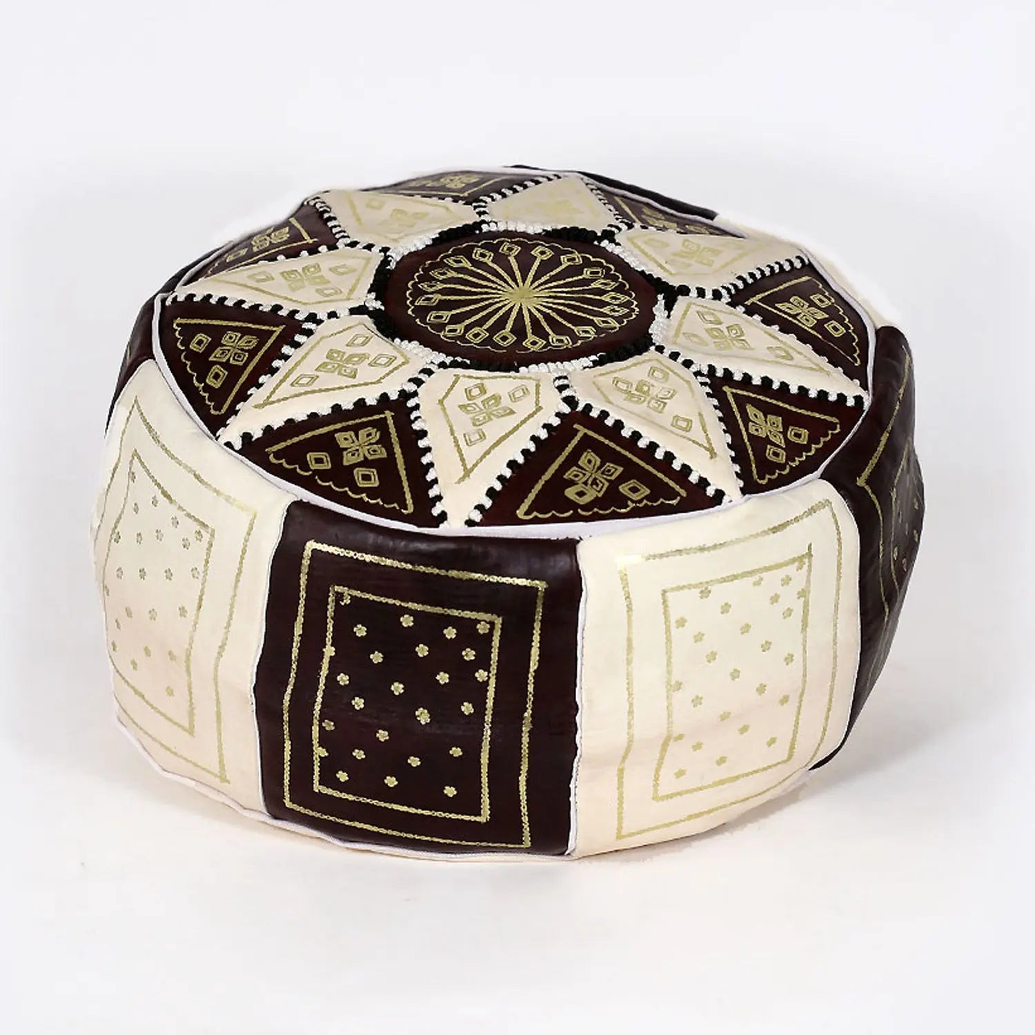 Biyadina Multicolor Moroccan Genuine Leather Round Pouf Ottoman White/Black Moroccan pouf ottoman Biyadina Store