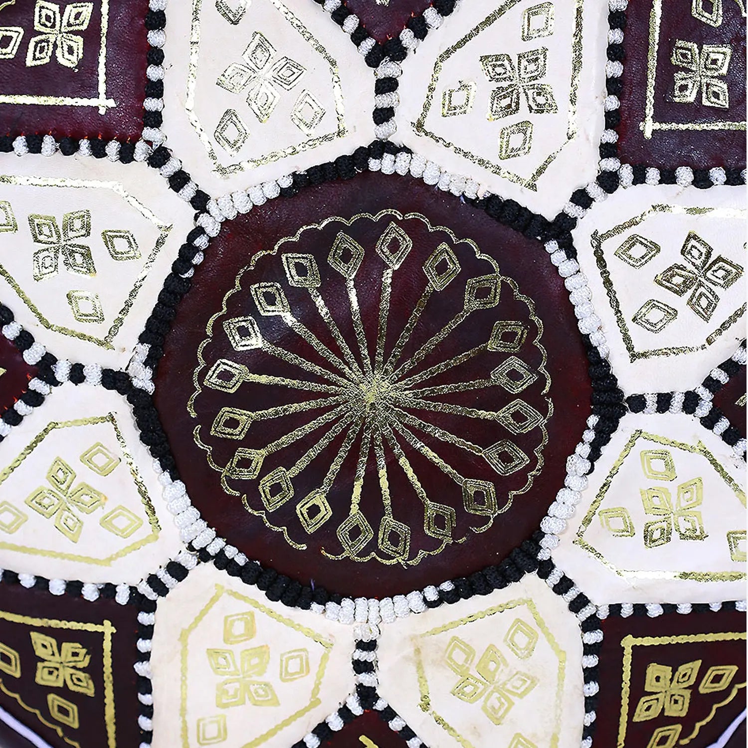 Biyadina Multicolor Moroccan Genuine Leather Round Pouf Ottoman White/Black Moroccan pouf ottoman Biyadina Store