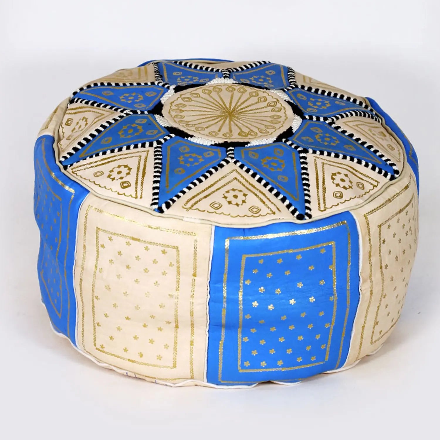Biyadina Multicolor Moroccan Genuine Leather Round Pouf Ottoman White/Blue Moroccan pouf ottoman Biyadina Store