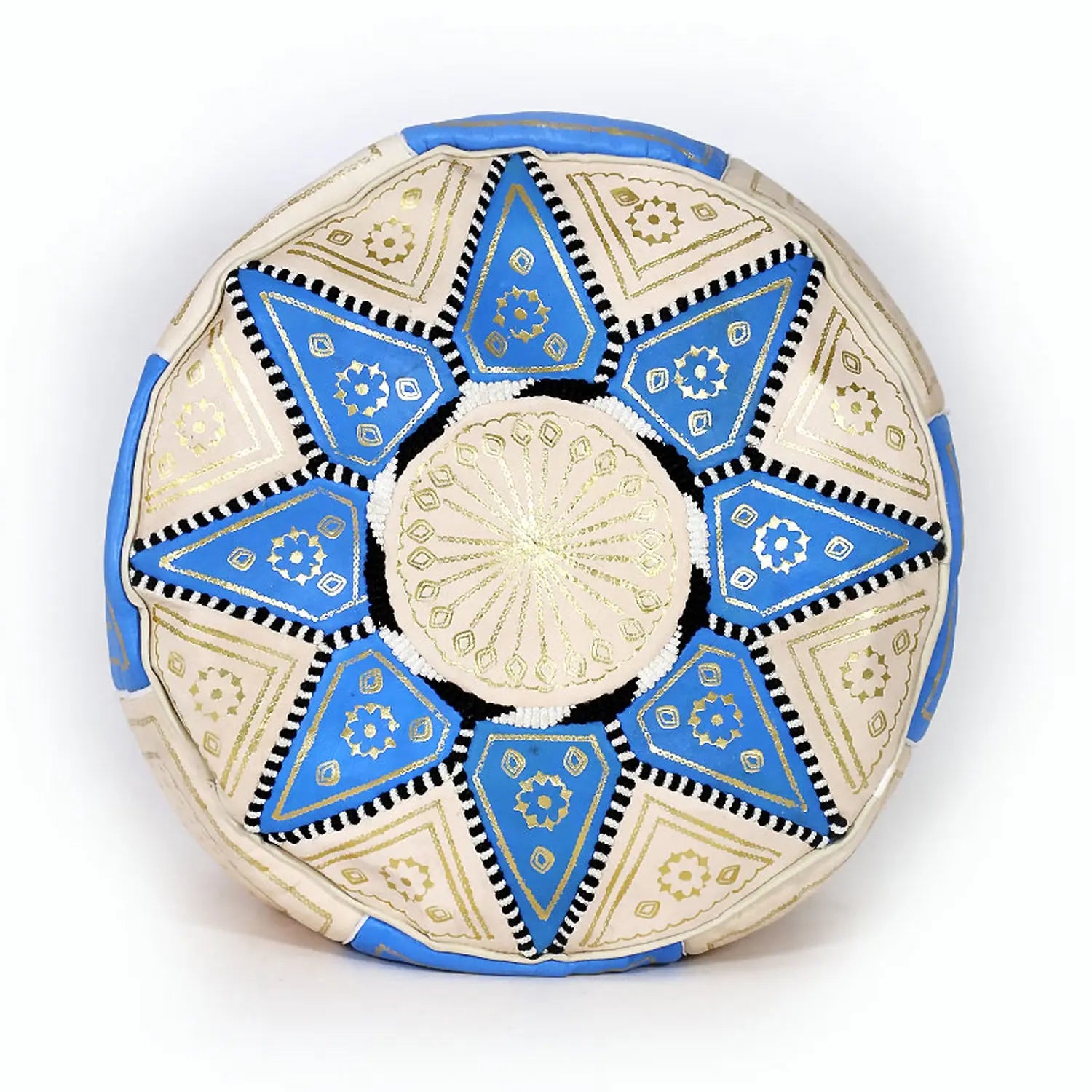 Biyadina Multicolor Moroccan Genuine Leather Round Pouf Ottoman White/Blue Moroccan pouf ottoman Biyadina Store
