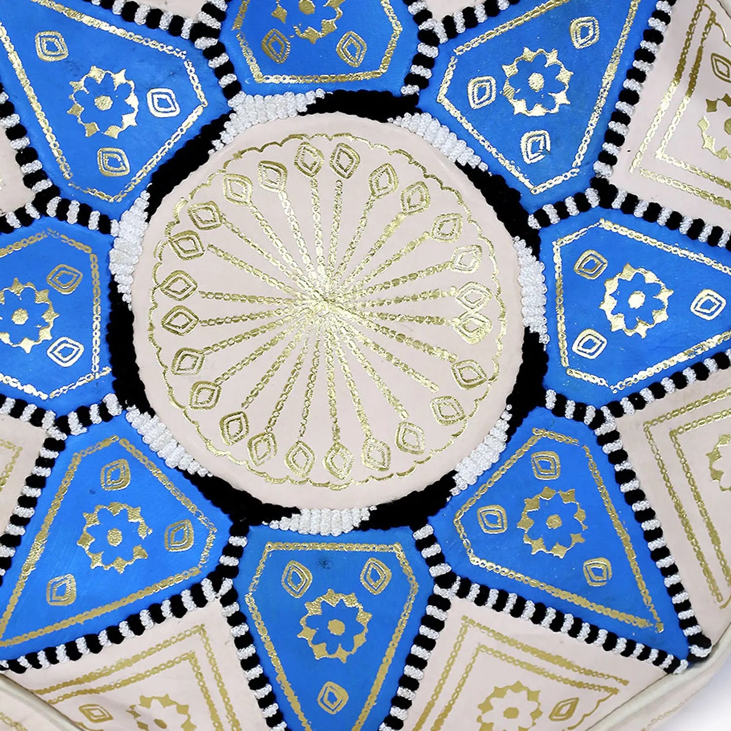 Biyadina Multicolor Moroccan Genuine Leather Round Pouf Ottoman White/Blue Moroccan pouf ottoman Biyadina Store