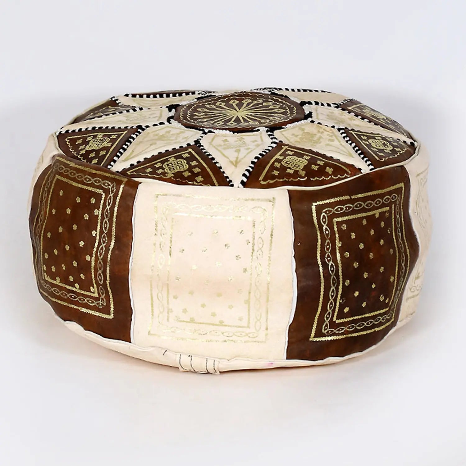 Biyadina Multicolor Moroccan Genuine Leather Round Pouf Ottoman White/Brown Moroccan pouf ottoman Biyadina Store