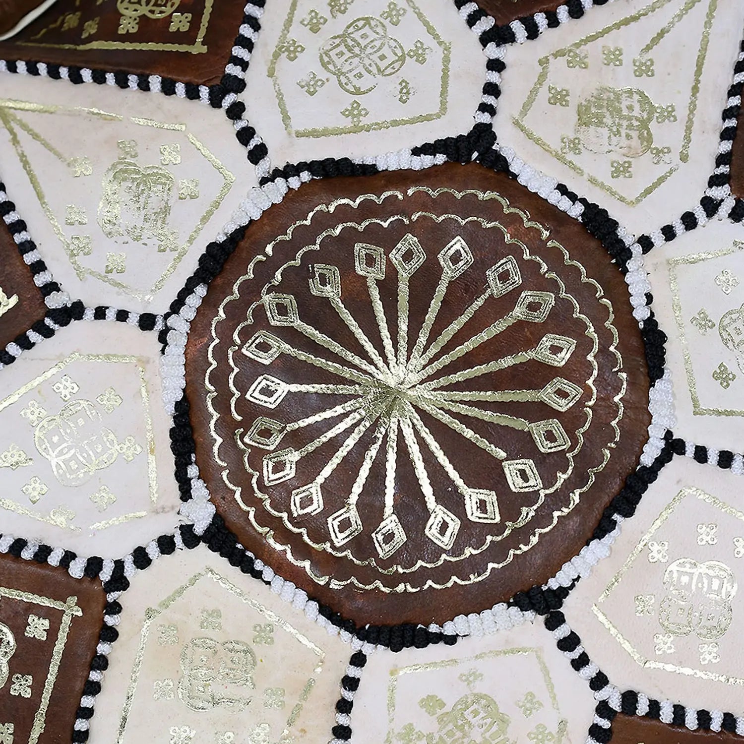 Biyadina Multicolor Moroccan Genuine Leather Round Pouf Ottoman White/Brown Moroccan pouf ottoman Biyadina Store