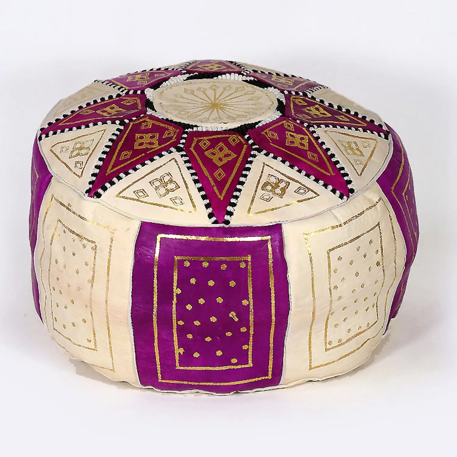 Biyadina Multicolor Moroccan Genuine Leather Round Pouf Ottoman White/Purple Moroccan pouf ottoman Biyadina Store