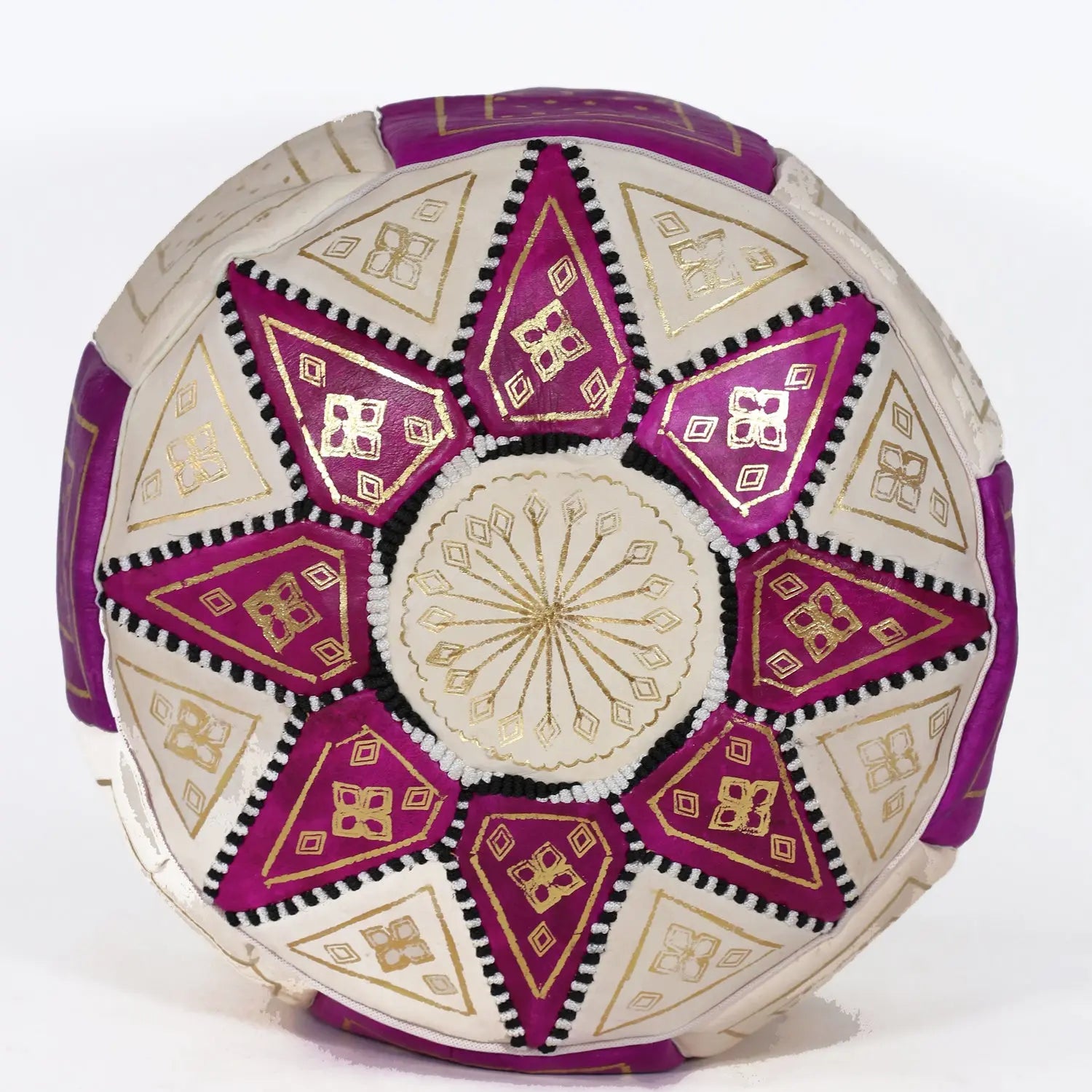 Biyadina Multicolor Moroccan Genuine Leather Round Pouf Ottoman White/Purple Moroccan pouf ottoman Biyadina Store