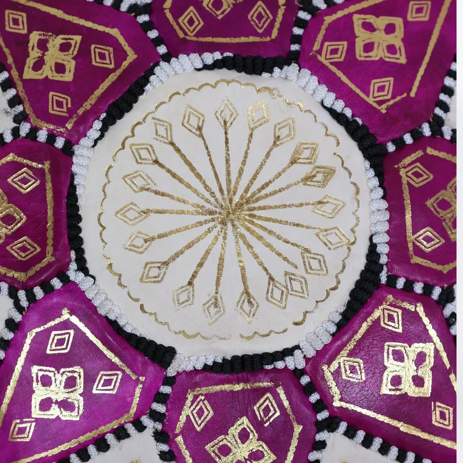 Biyadina Multicolor Moroccan Genuine Leather Round Pouf Ottoman White/Purple Moroccan pouf ottoman Biyadina Store