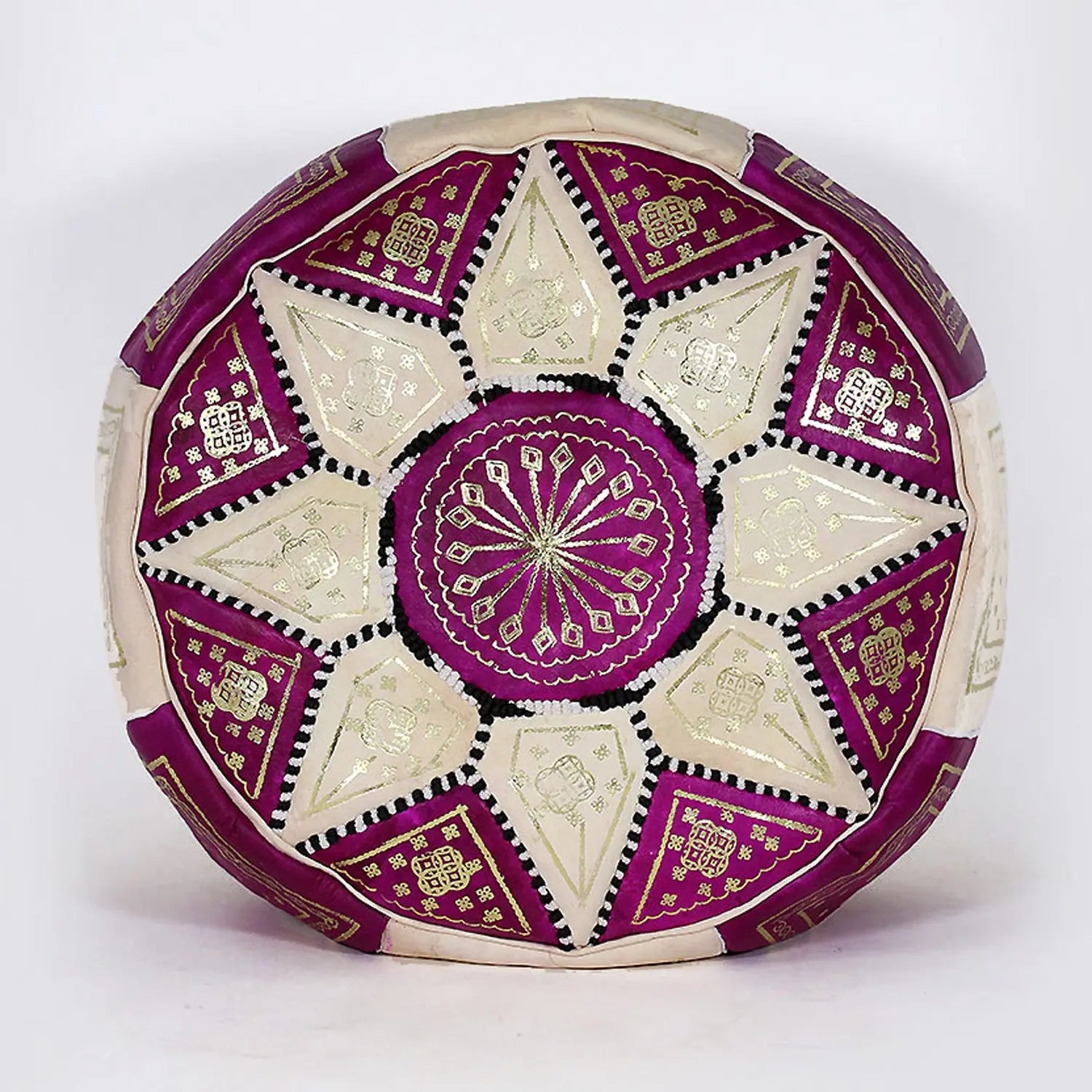 Biyadina Multicolor Moroccan Genuine Leather Round Pouf Ottoman White/Red Moroccan pouf ottoman Biyadina Store