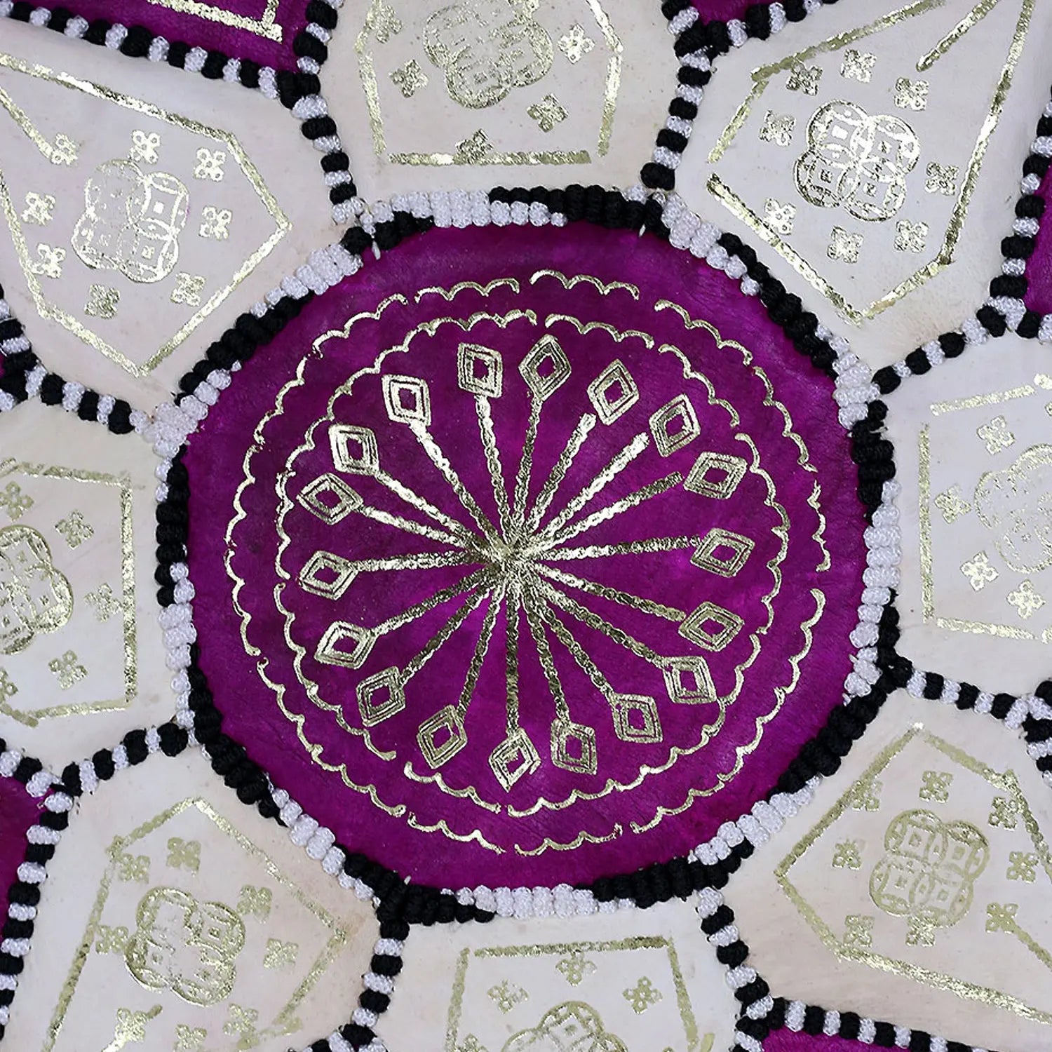 Biyadina Multicolor Moroccan Genuine Leather Round Pouf Ottoman White/Red Moroccan pouf ottoman Biyadina Store