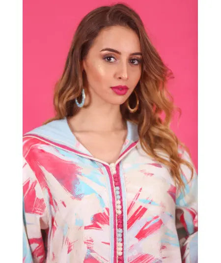 Biyadina Multicolored djellaba with pink, sky blue and white sfifa Biyadina Store