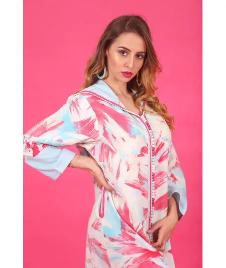 Biyadina Multicolored djellaba with pink, sky blue and white sfifa Biyadina Store