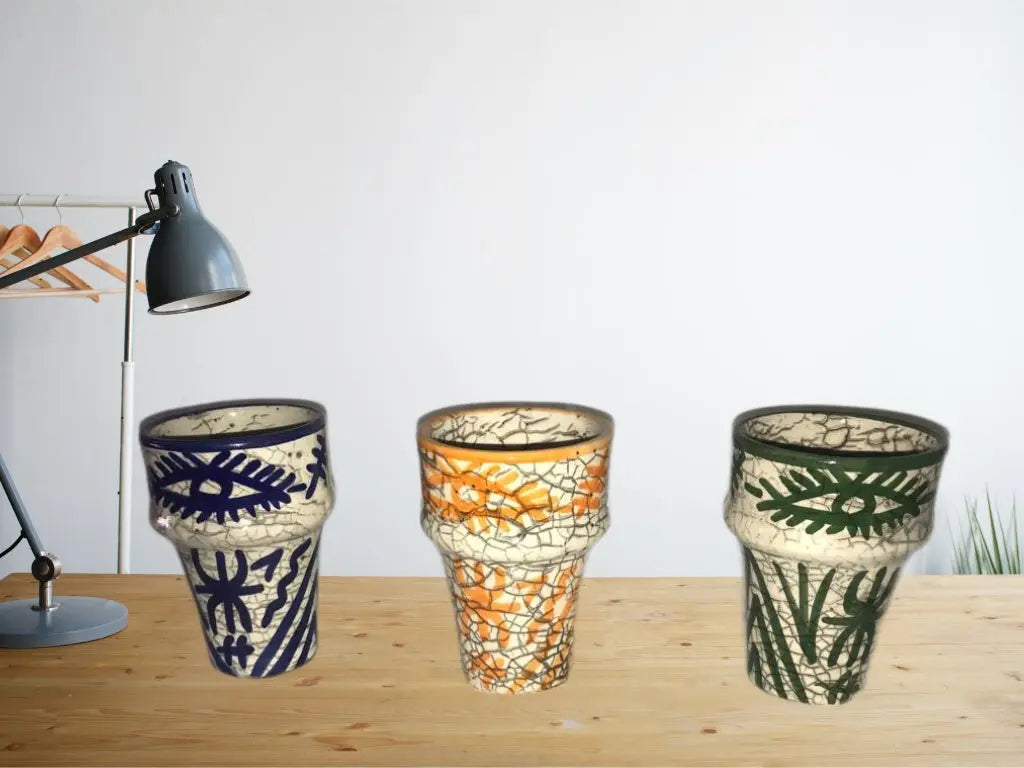 Biyadina Set of 2 Moroccan Colored Terracotta Glasses| Boho Hand Painted Cup Biyadina Store