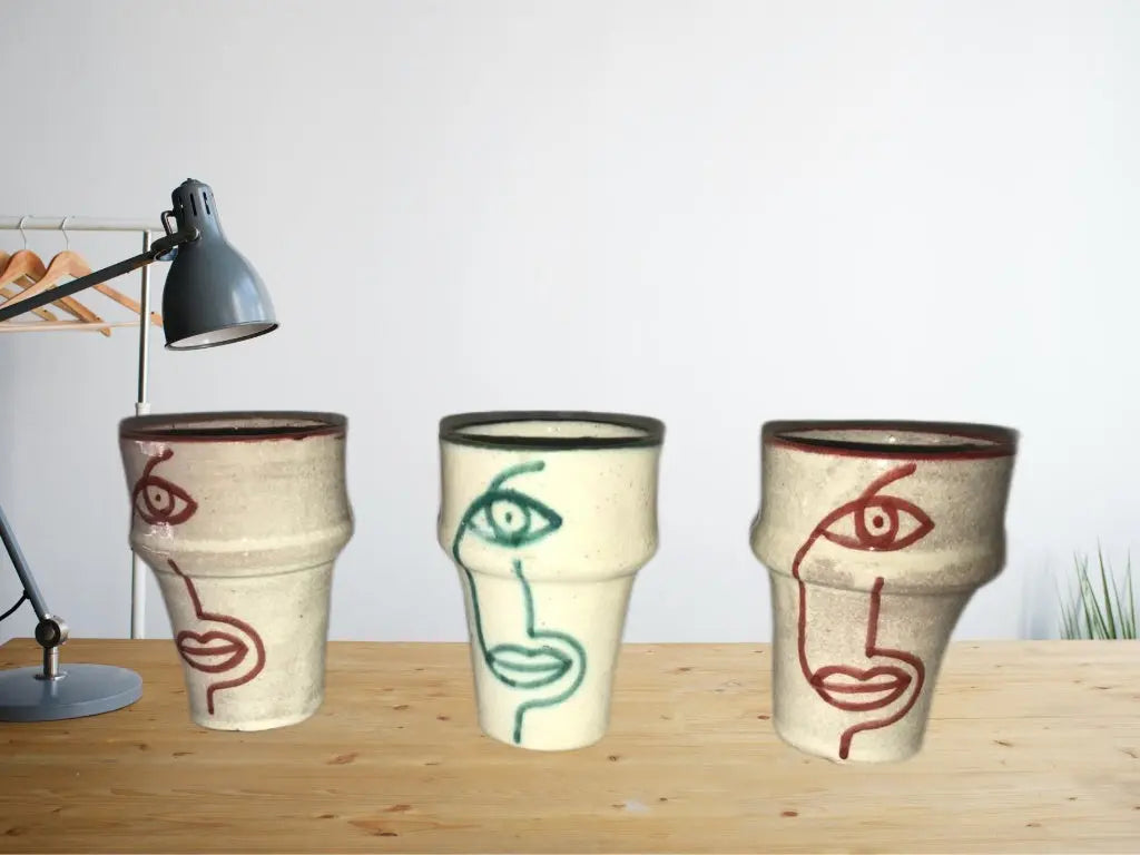 Biyadina Set of 2 Moroccan Colored Terracotta Glasses| Boho Hand Painted Cup Biyadina Store