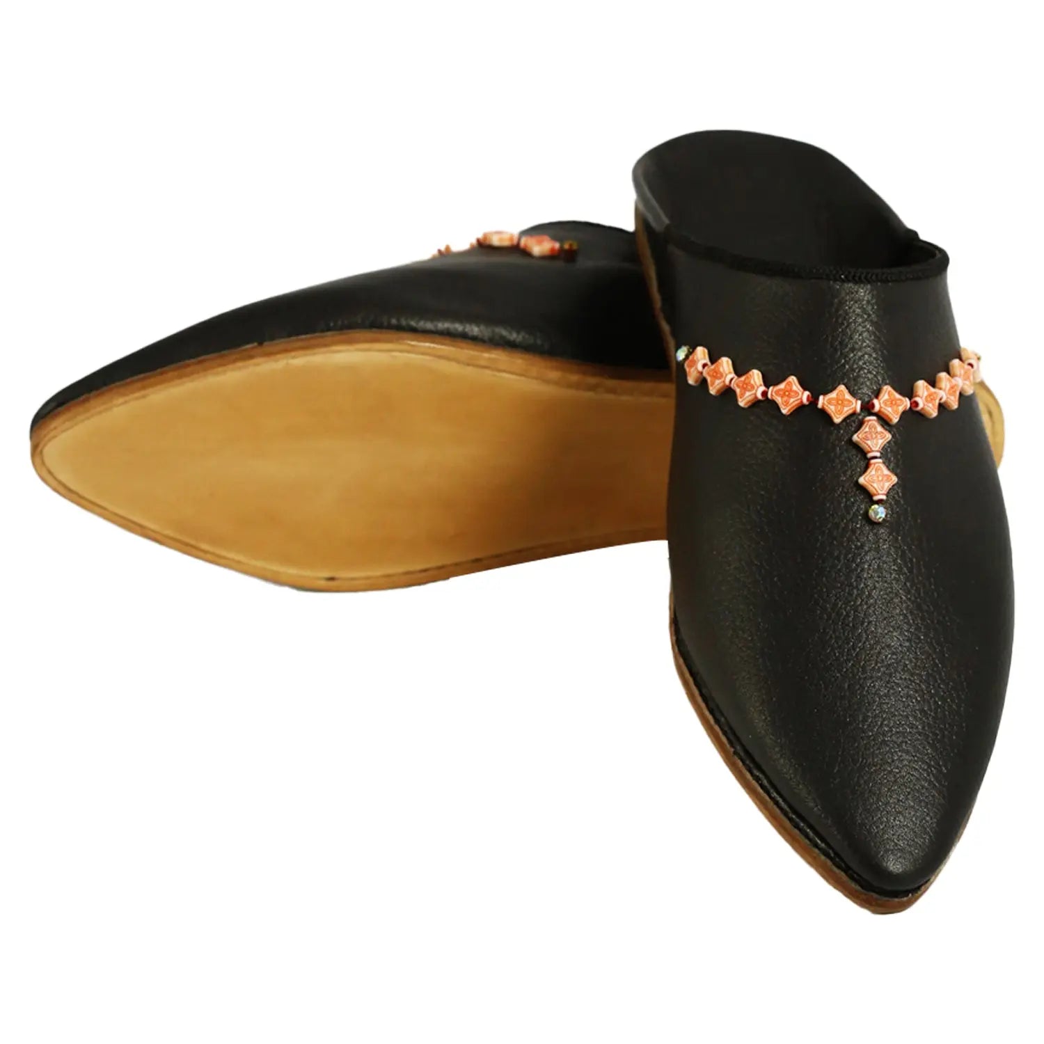 Biyadina Women's Deco Pearls Black Moroccan Babouches Leather Slippers Biyadina Store