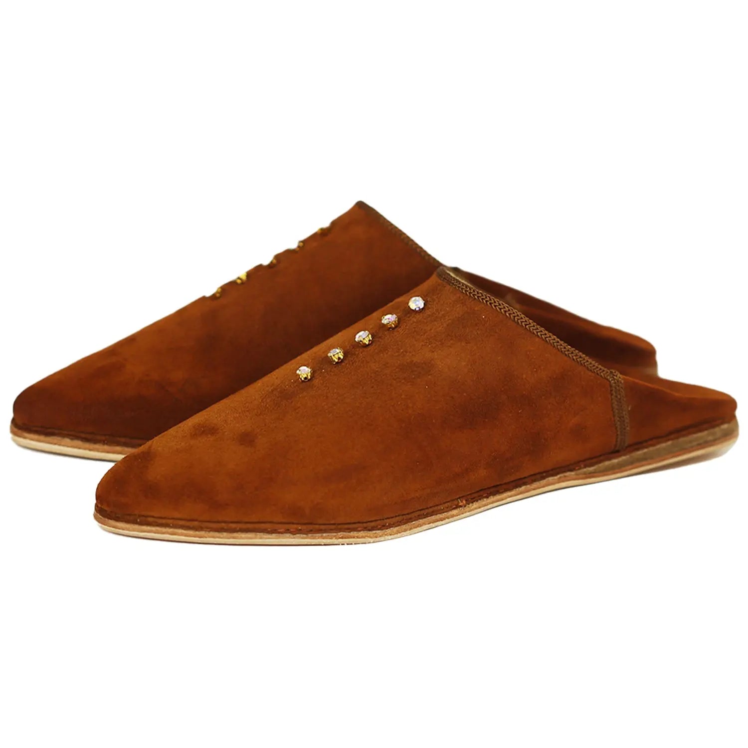 Biyadina Women's Deco Pearls Brown Moroccan Babouches Leather Slippers Biyadina Store