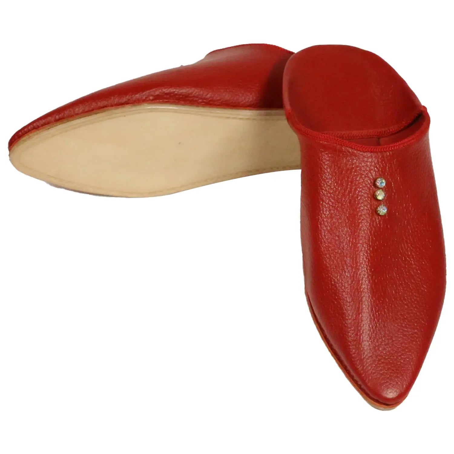 Biyadina Women's Deco Pearls Red Moroccan Babouches Leather Slippers Biyadina Store