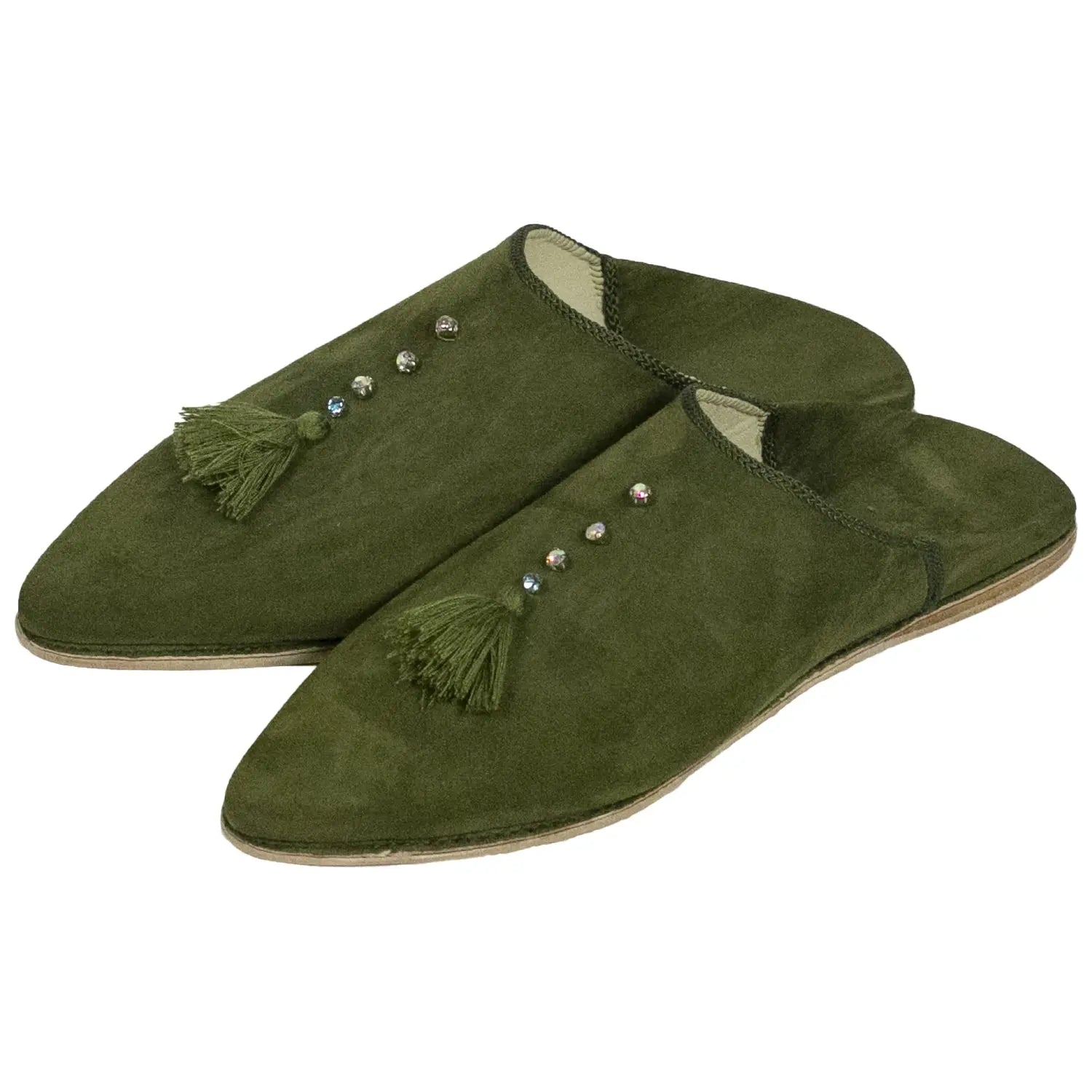 Biyadina Women's Suede Chochia Green Moroccan Babouches Leather Slippers Biyadina Store