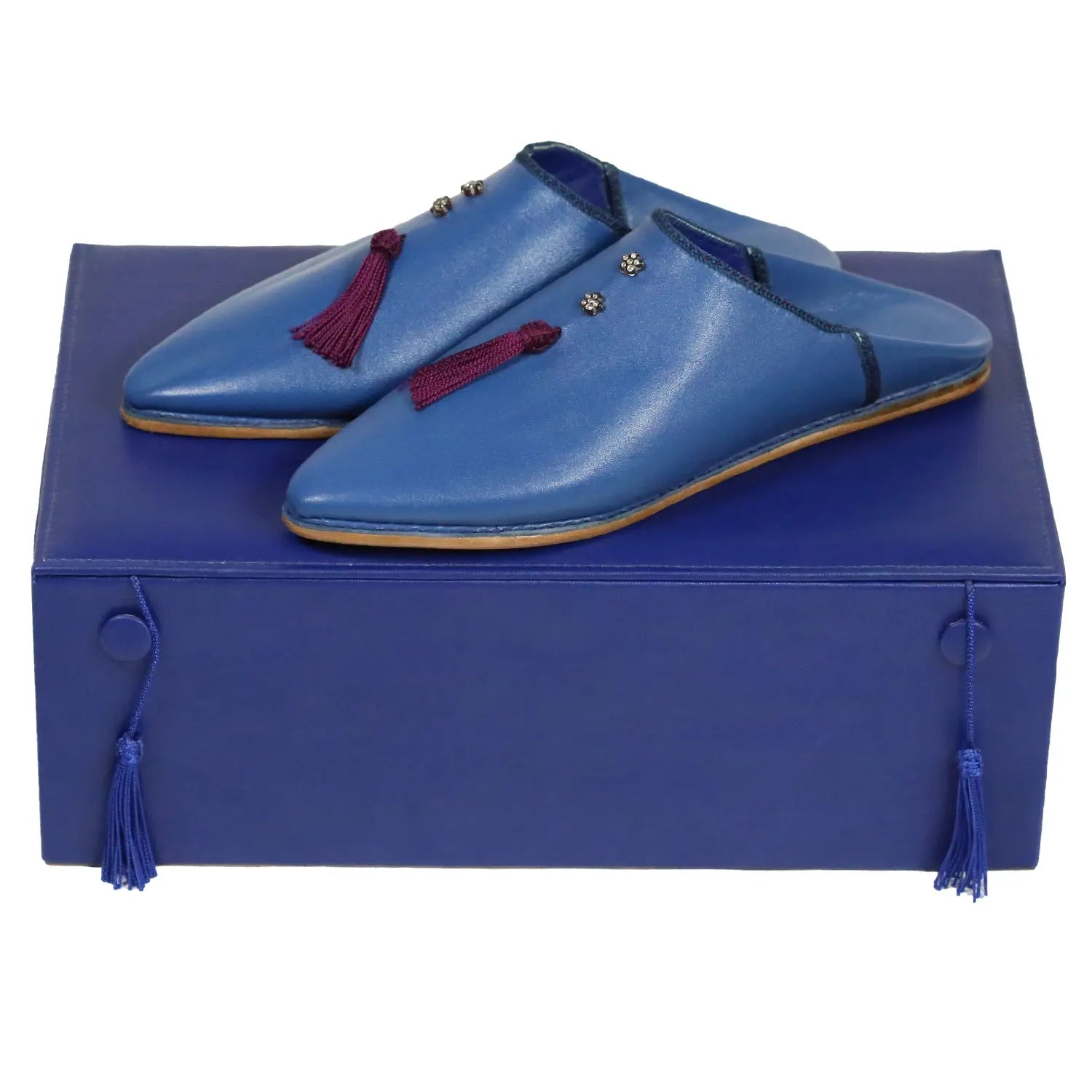 Biyadina Women's Suede Khemissa Navy Red Moroccan Babouches Leather Slippers Biyadina Store