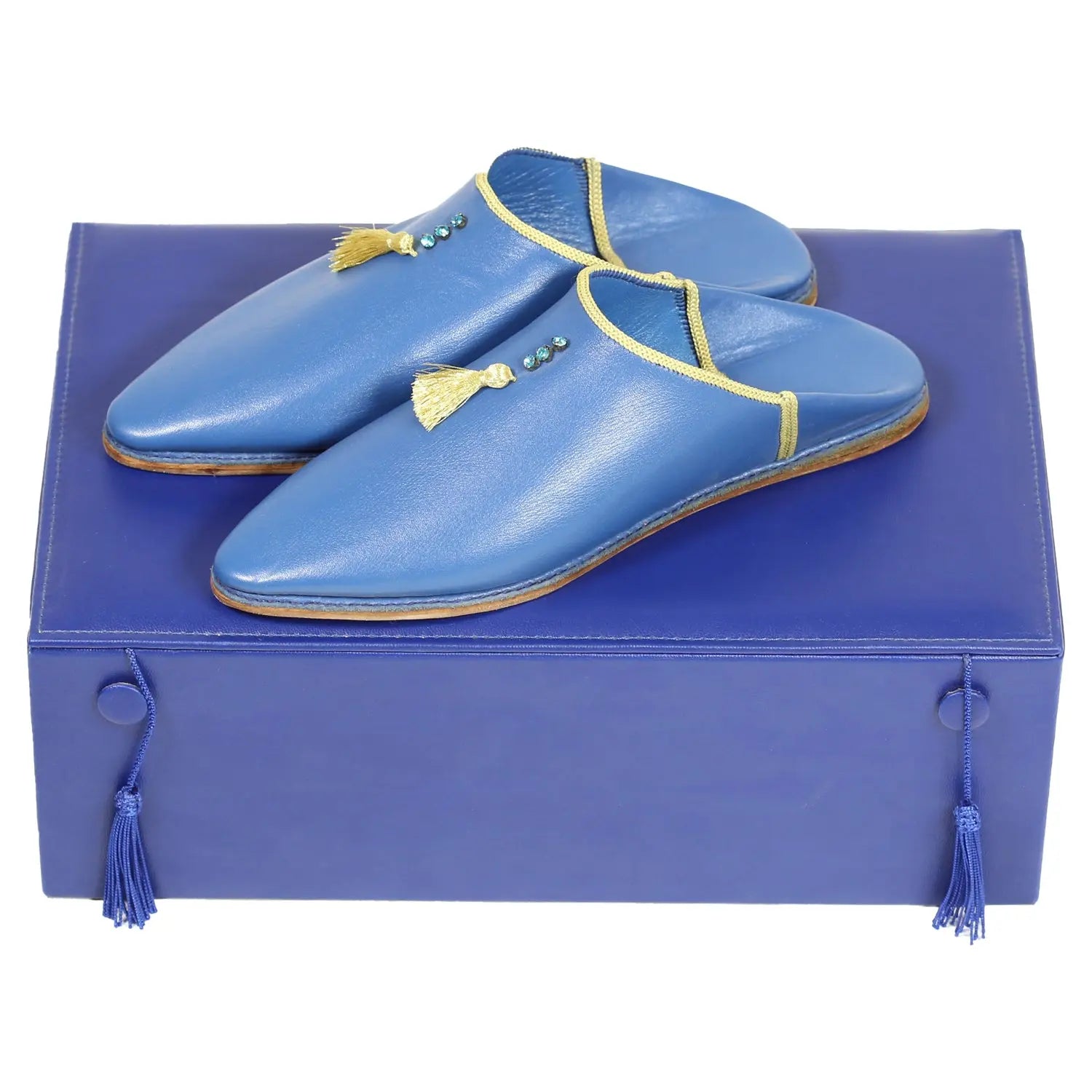 Biyadina Women's Suede Khemissa Navy Yellow Moroccan Babouches Leather Slippers Biyadina Store