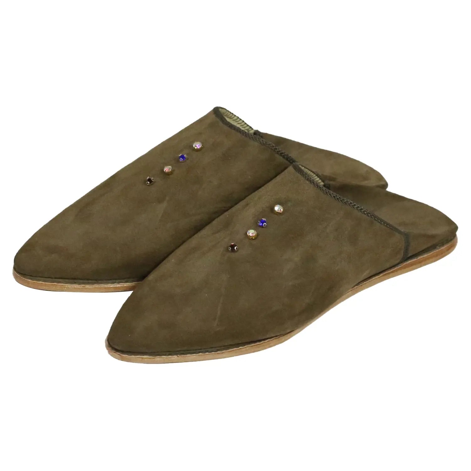 Biyadina Women's Suede Pearls Beige Moroccan Babouches Leather Slippers Biyadina Store