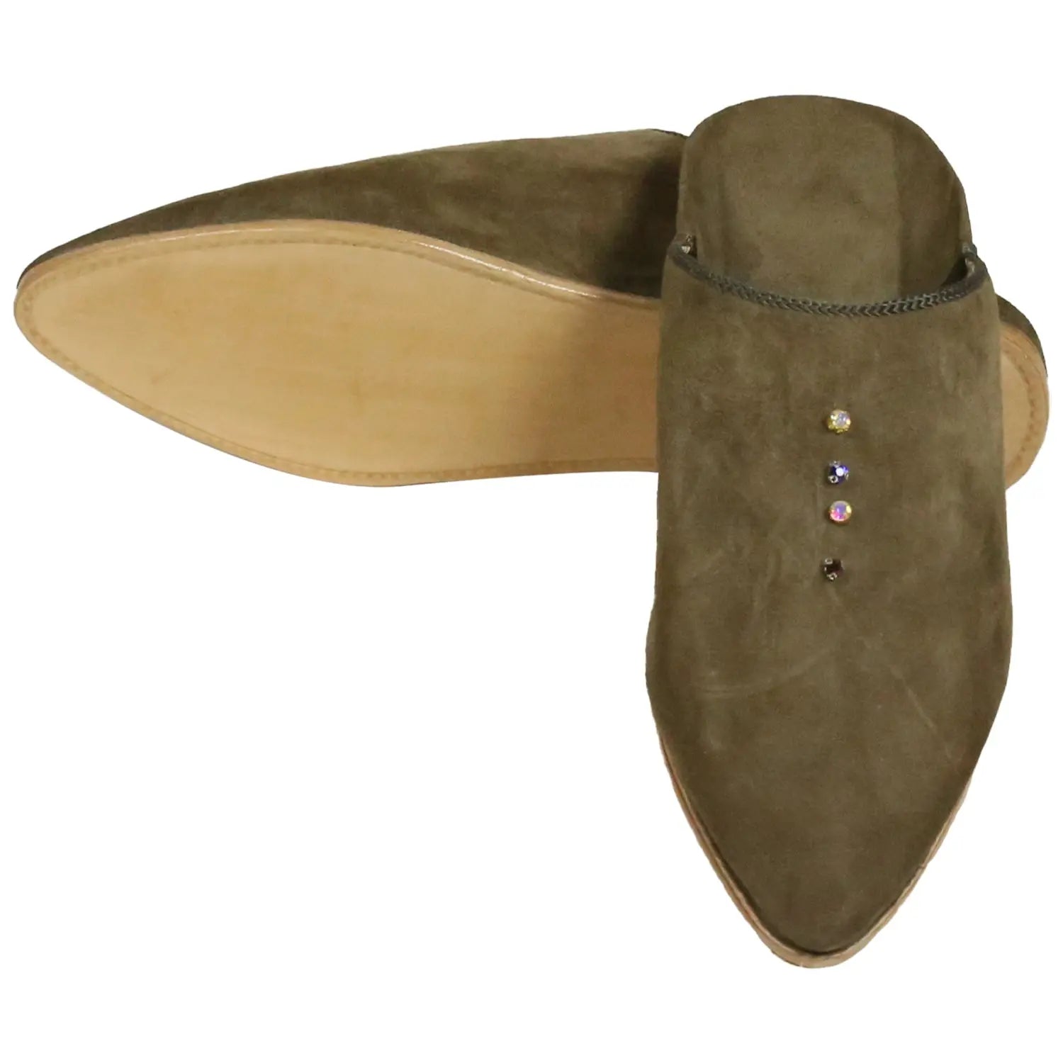 Biyadina Women's Suede Pearls Beige Moroccan Babouches Leather Slippers Biyadina Store